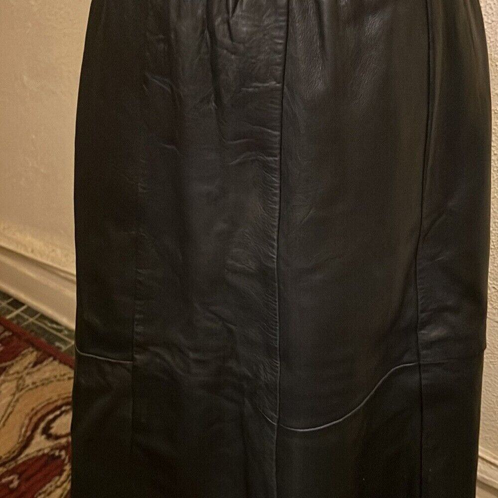 Vintage 1980's Saks Fifth Avenue Black A-Line Midi Leather Skirt Size M - Picture 3 of 14